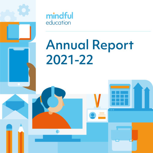 An illustrated image showing a character with headphones, a phone, envelope and calculator with text in the middle reading: 'Annual report 2021 - 22'.