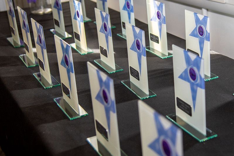 A picture of many awards lined up neatly on a table.