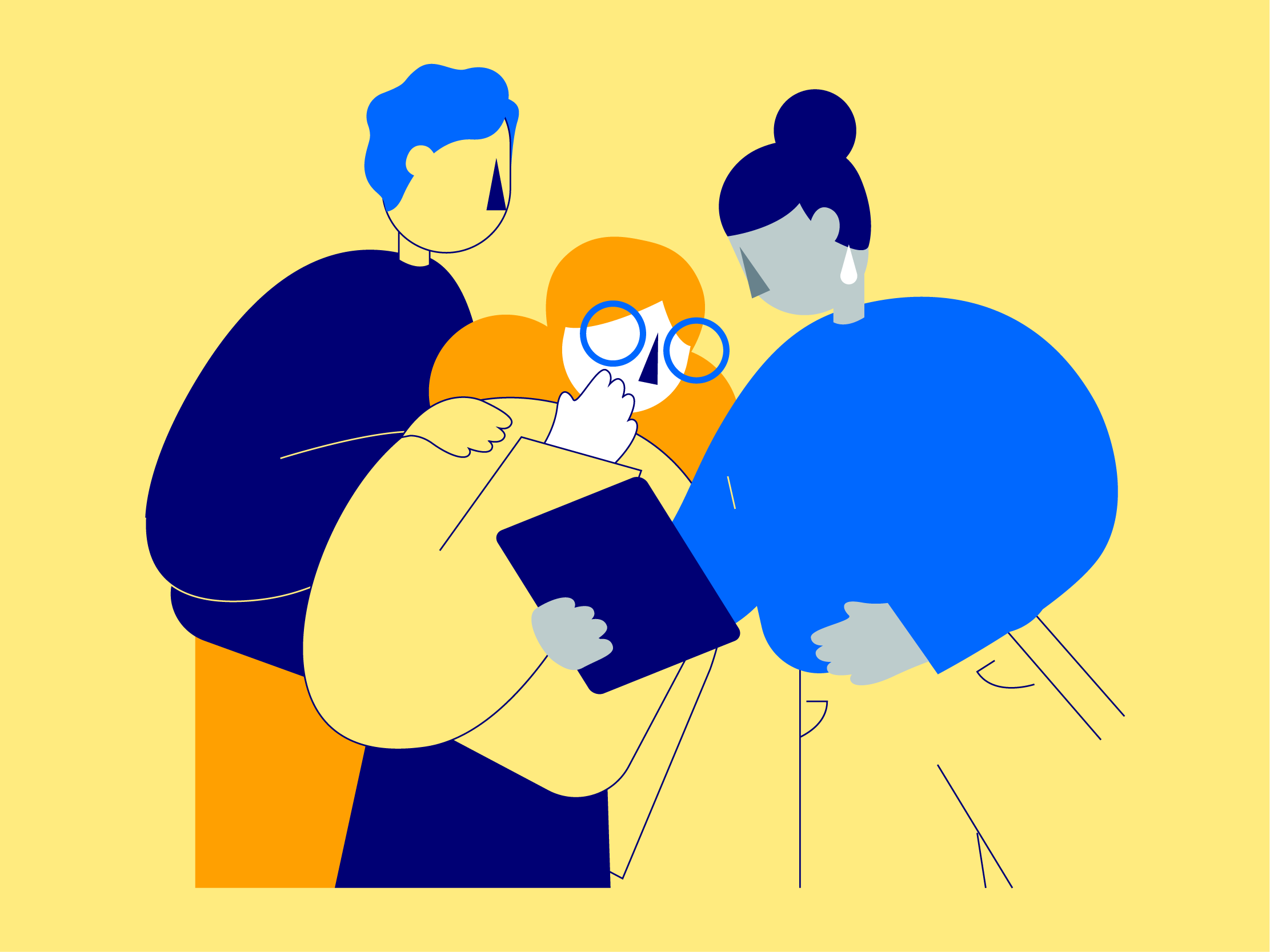 An illustration showing three characters looking at a tablet, symbolising collaboration and accessibility of the Mindful Education courses and apprenticeships.