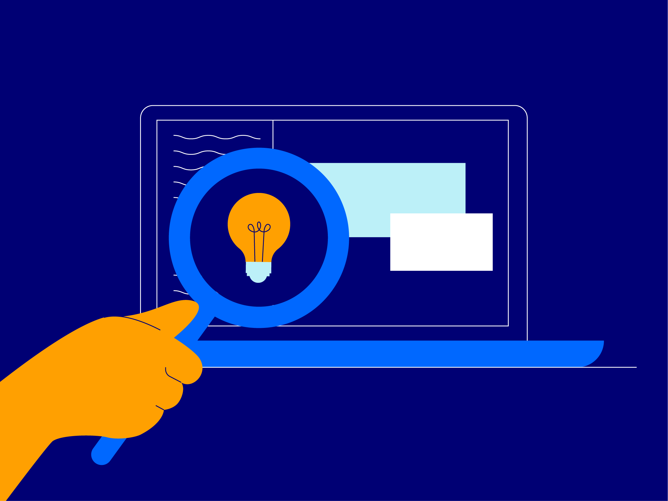 An illustrated image of a magnifying glass hovering over a laptop, the lens shows a lightbulb symbolising new ideas and innovation.