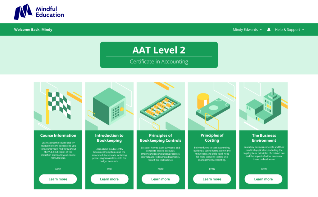 A screenshot of the Mindful Education Online and On Campus level 2 accounting Virtual Learning Environment.