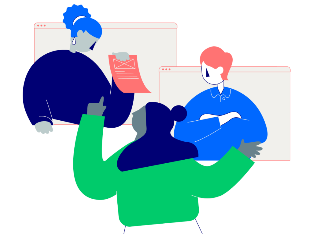 Illustration of three individuals in separate virtual windows, one holding a document with an envelope symbol, showing collaboration and communication