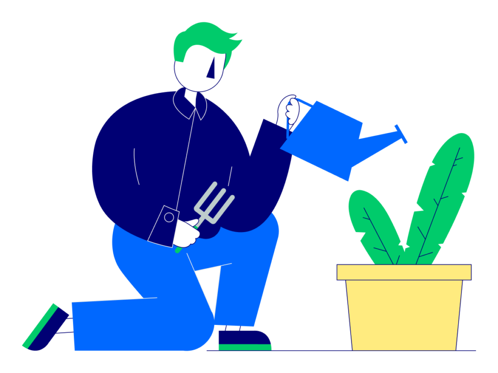 Illustration of an individual bent down next to a plant, with a watering can in one hand, watering the plant, symbolising the growth of a career