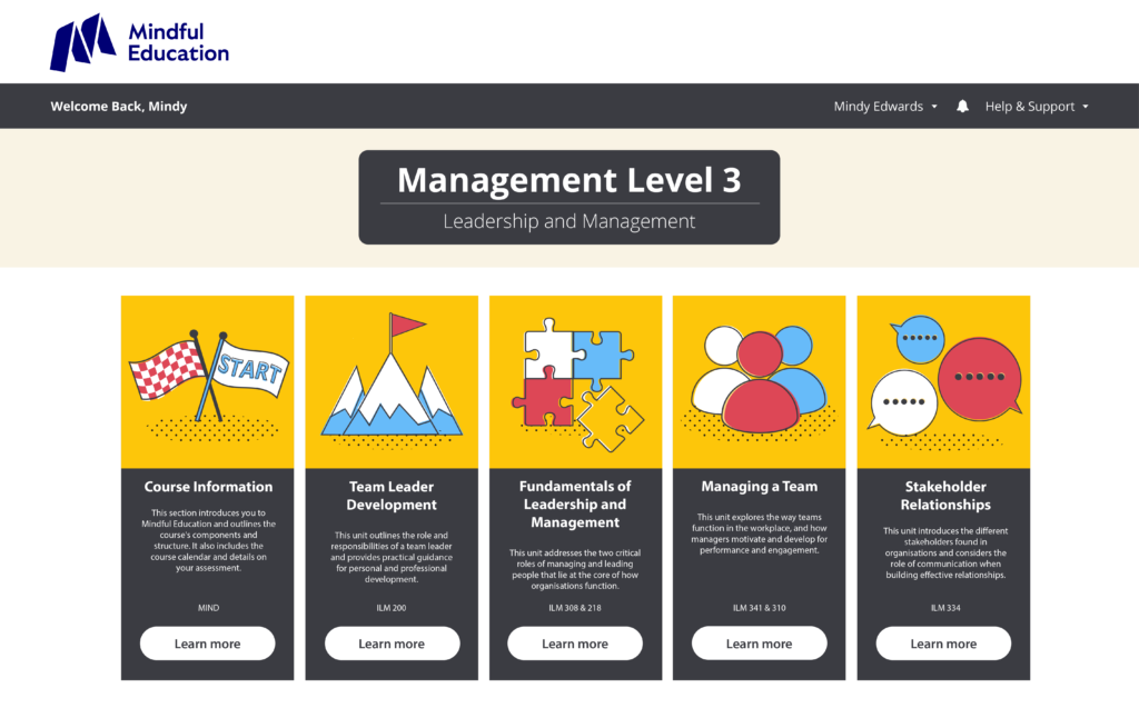 A screenshot of the Mindful Education Online and On Campus level 3 ILM management Virtual Learning Environment.