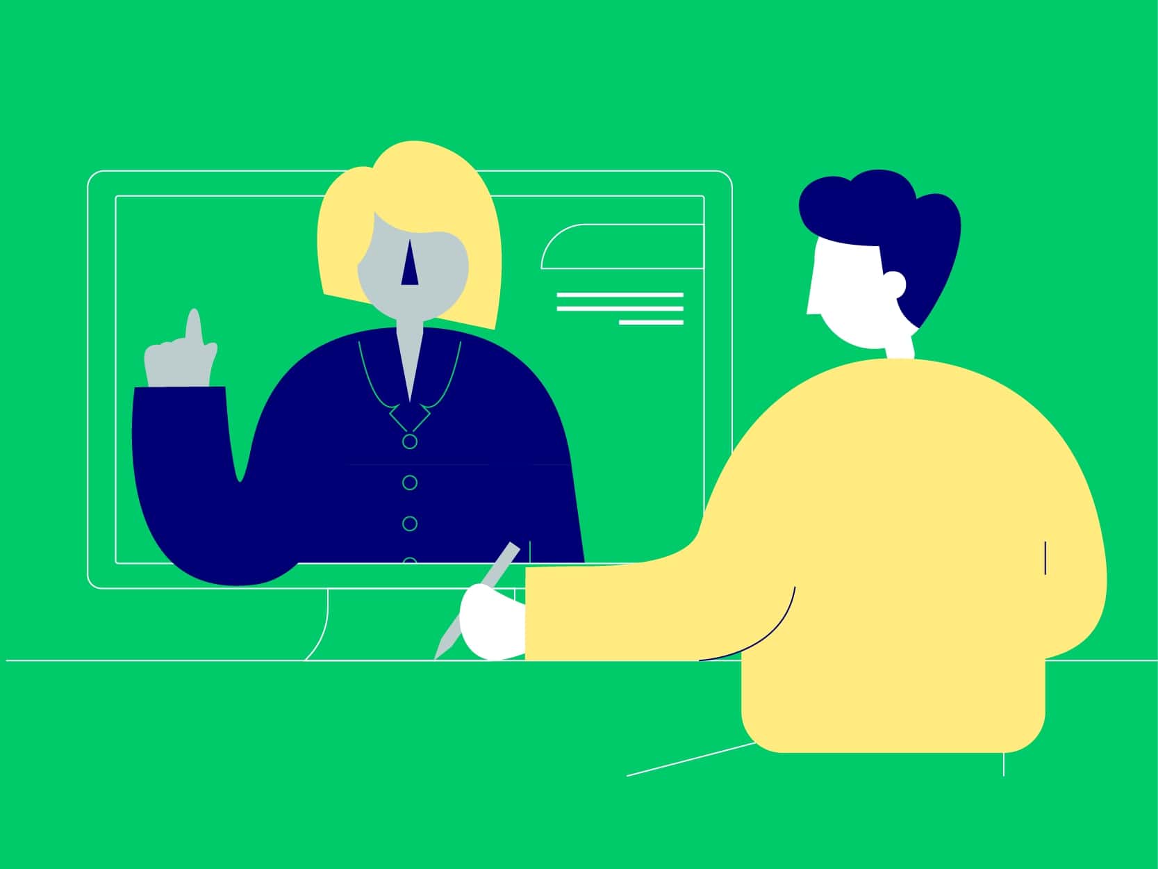 An illustration of an Online and On Campus learner making notes whilst watching a Mindful Education blended learning course video on a desktop.