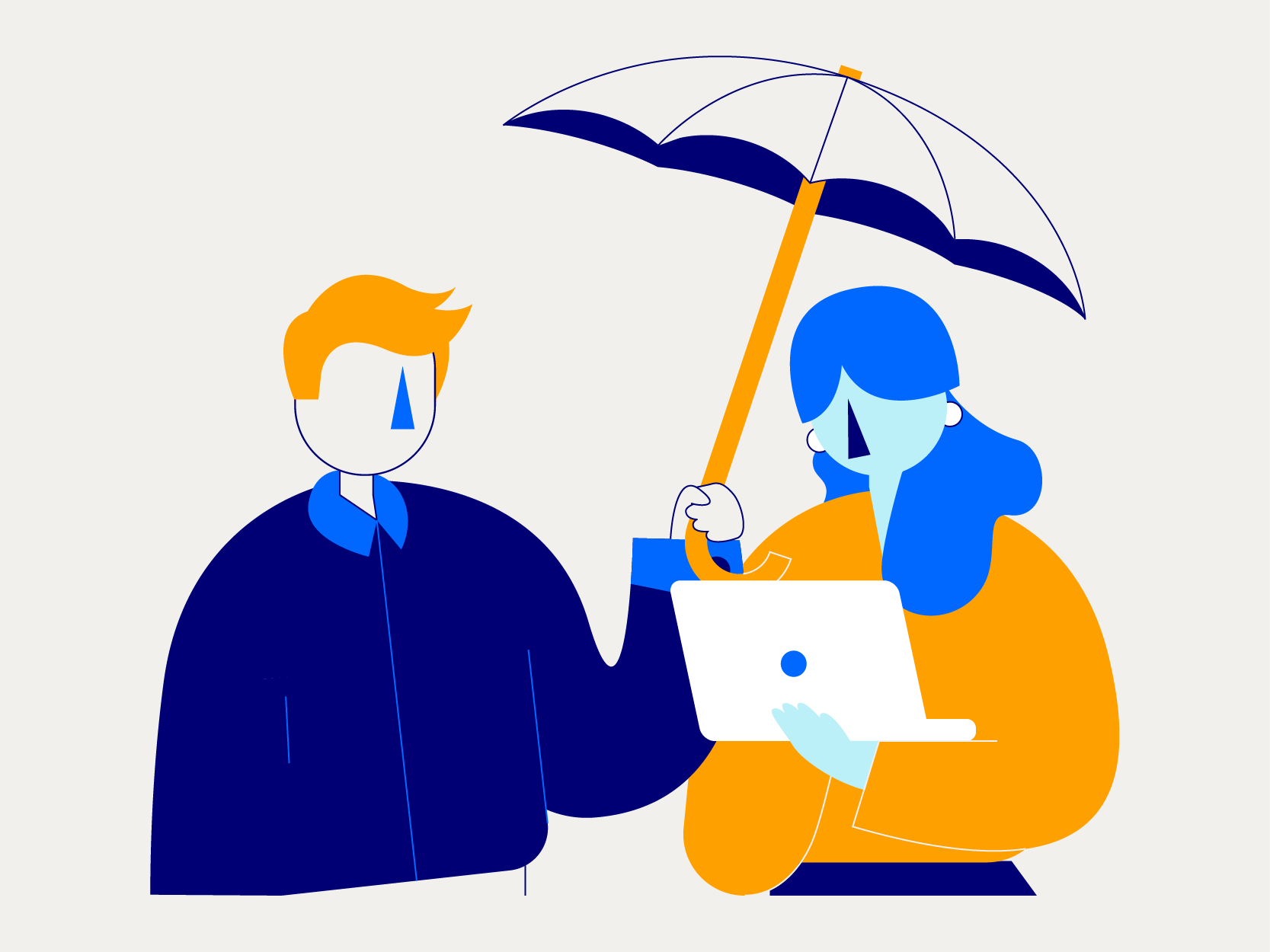 Two illustrated characters, showing one holding a laptop and another one holding an umbrella over the first character, symbolising work and support.