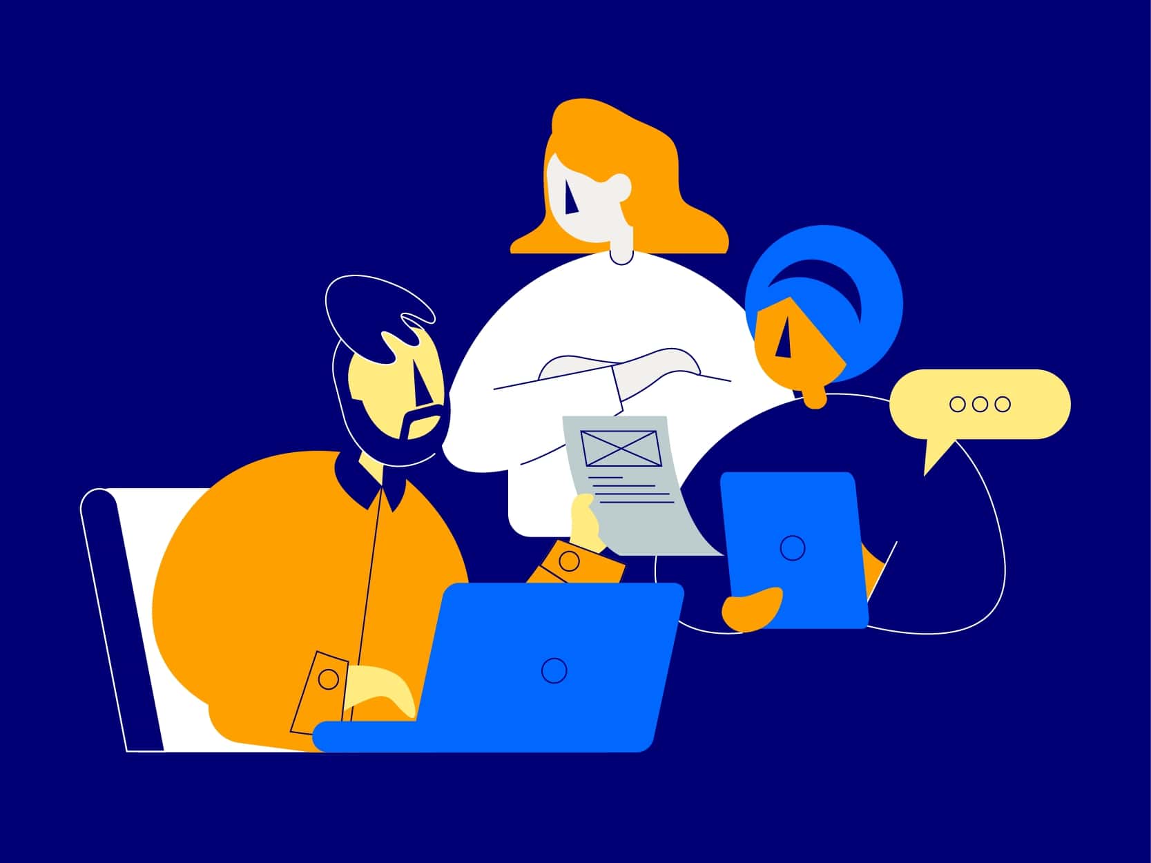 An illustration showing three characters, one is using a laptop, another with a tablet and the third with a report. This represents further education and team work.