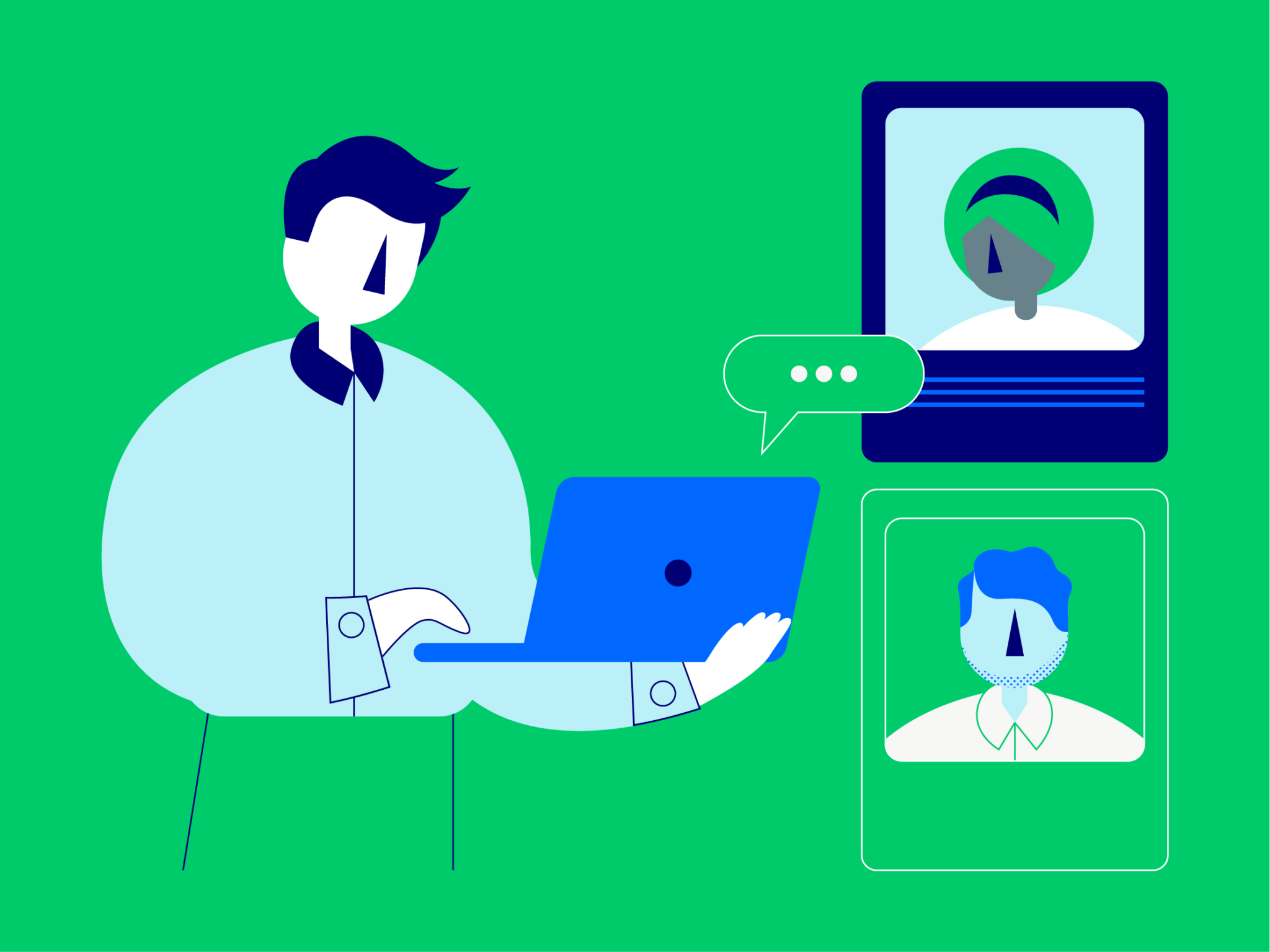 Three illustrated characters are shown, one is using a laptop whilst standing and the other two are shown in two floating tabs next to them, showing support and collaboration.