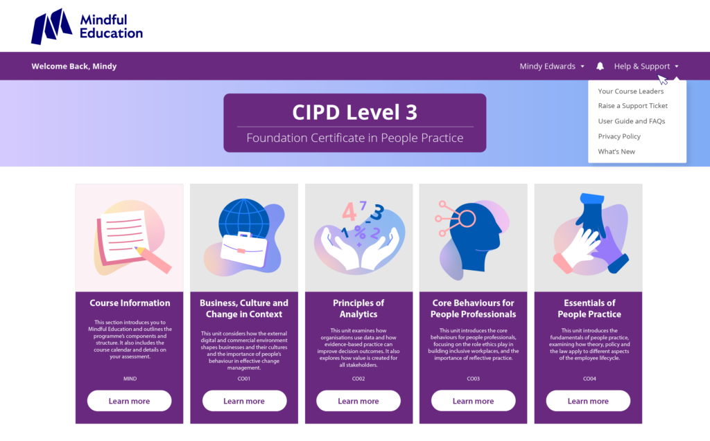 Image shows Mindful Education's virtual learning environment (VLE), featuring a CIPD course