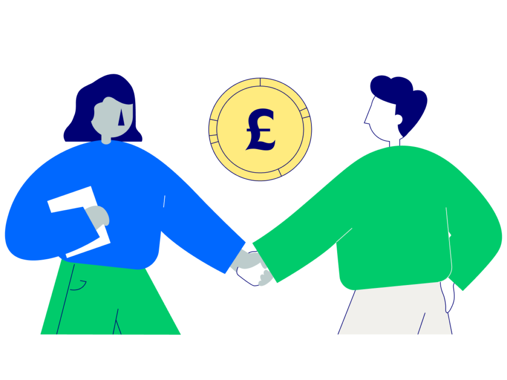 Illustration of two people shaking hands, with a large gold coin featuring a pound symbol (£) in the background, symbolising pay and rewards