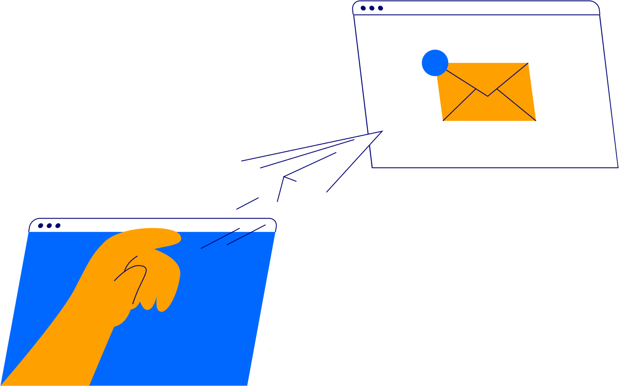 Illustration of a hand launching a paper plane from one browser window to another, symbolising sending a message. The receiving browser window features an orange envelope with a blue notification badge