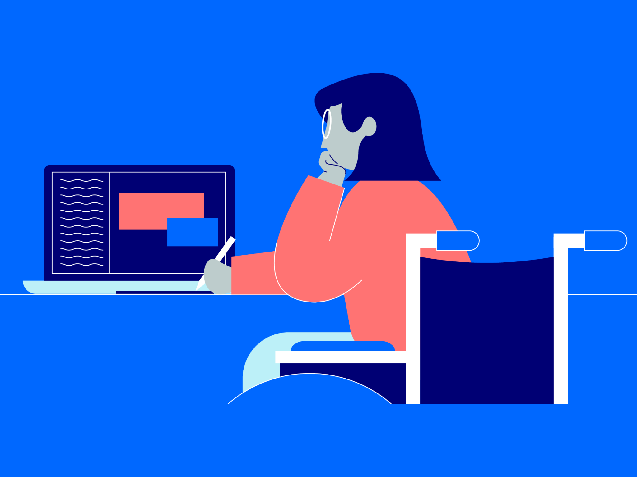 An Illustration of a character in a wheelchair, writing notes whilst consuming content on a laptop, showing the accessibility and flexibility of blended learning courses and apprenticeships.