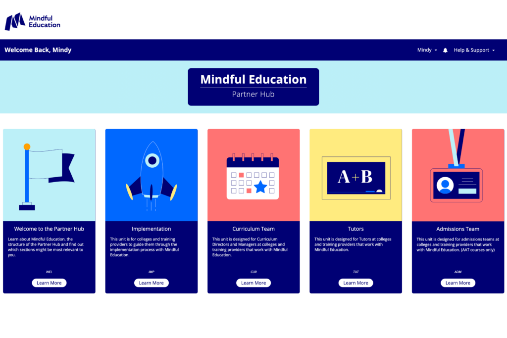 A screenshot of the Mindful Education Partner Hub, powered by Mindful Educations award-winning Virtual Learning Environment.