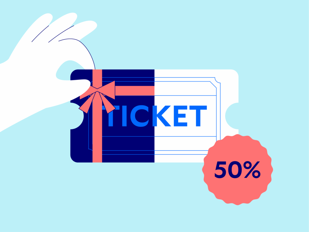 An illustration showing a hand holding a ticket with a ribbon on it, with a 50% off badge. Representing the extensive support Mindful Education offers.