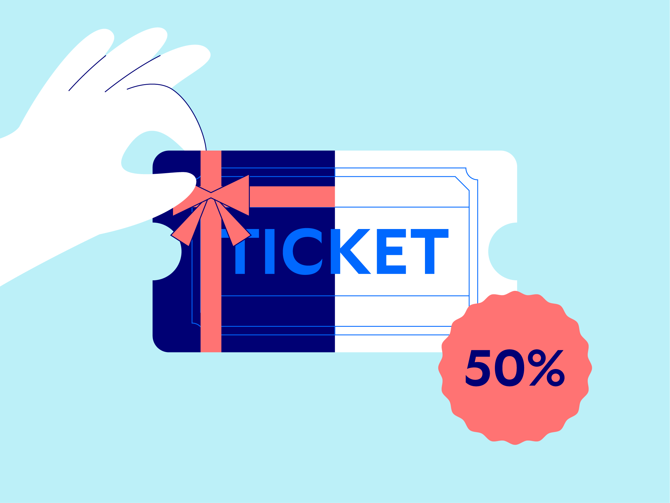 An illustration showing a hand holding a ticket with a ribbon on it, with a 50% off badge. Representing the extensive support Mindful Education offers.