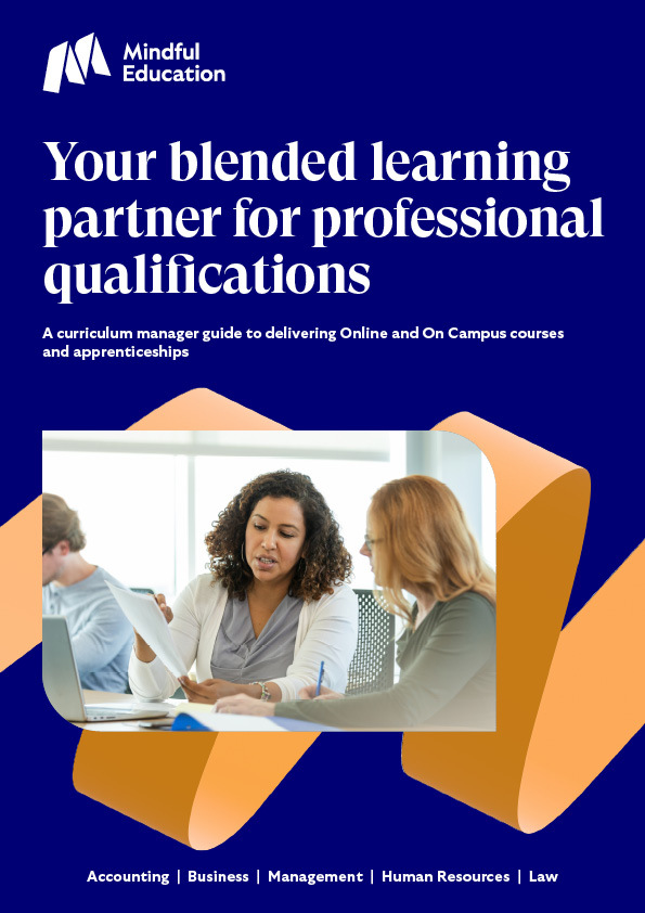 A cover image of the Mindful Education Curriculum Manager brochure, showing an image of an employee holding a report and showing it to another colleague.