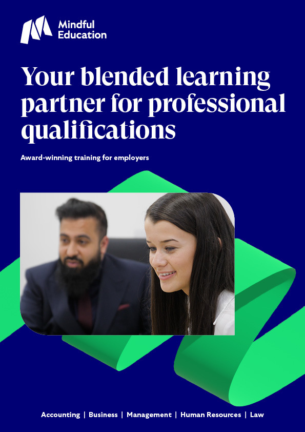 A cover image of the Mindful Education Employer brochure, showing an image of an employee with a Mindful Education apprentice.