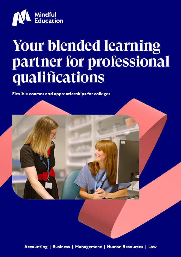 A cover image of the Mindful Education colleges brochure, showing an image of two colleagues interacting over a pink banner.
