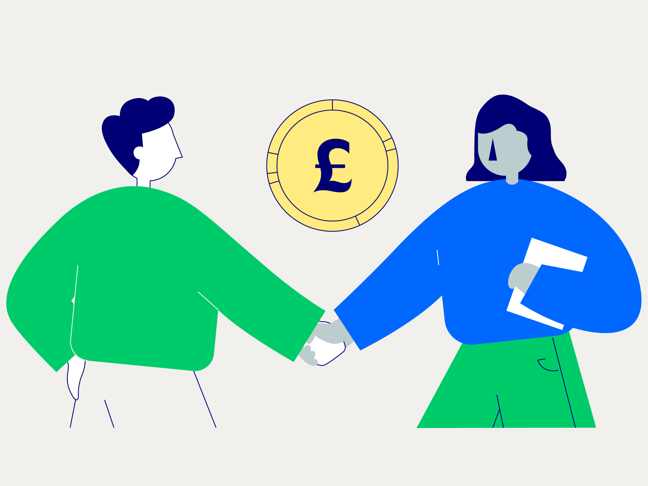 The image shows an illustration of a man and a woman shaking hands. There is a coin above the handshake with a pound sterling symbol inside. The woman has one foot on a coin, with another coin behind her foot on the floor.