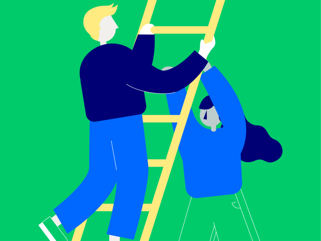 Illustration of a man climbing up a ladder, helped by a woman holding the ladder so he can ascend