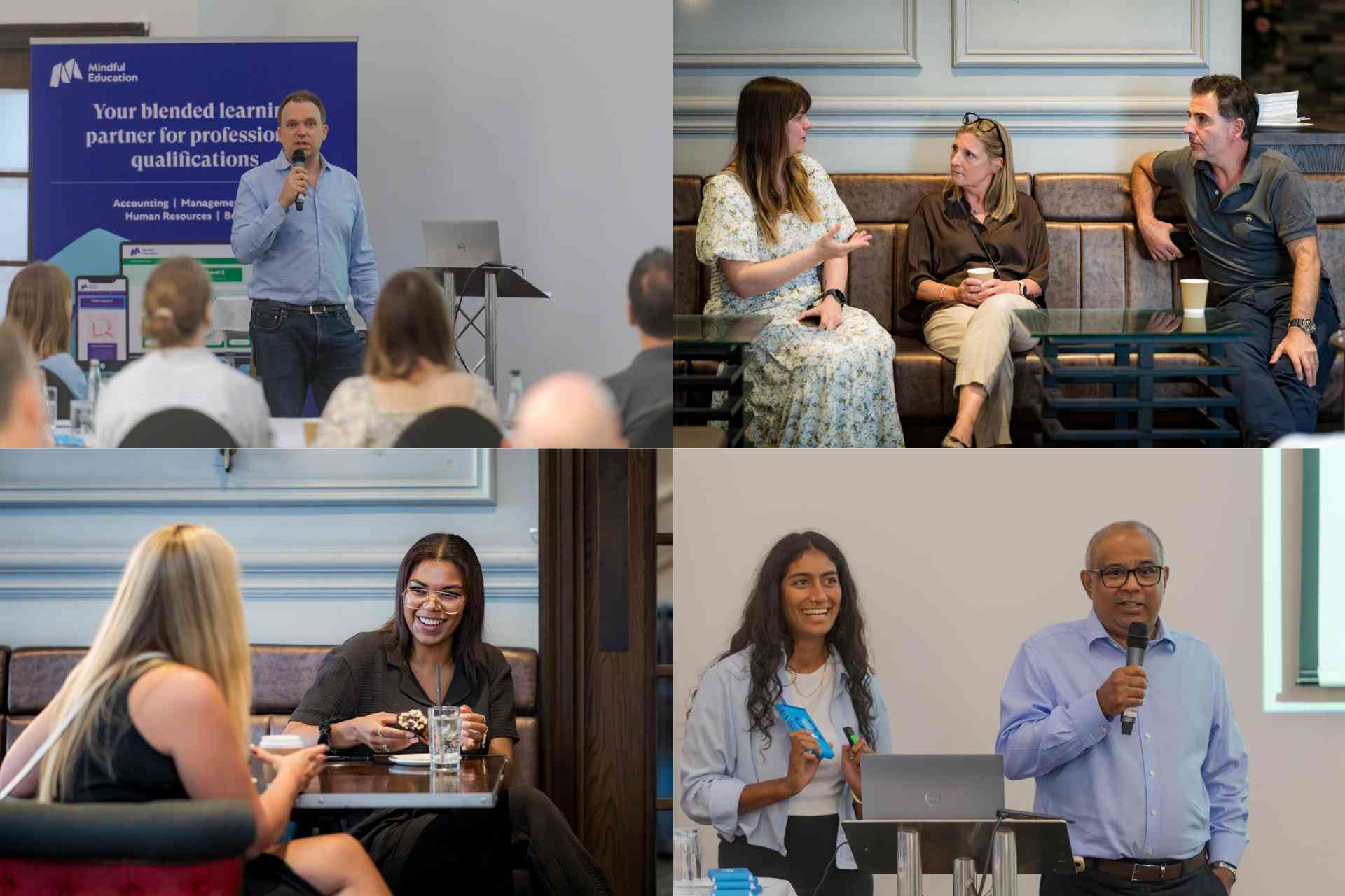A collage of images showing the Mindful Education teams socialising and presenting.
