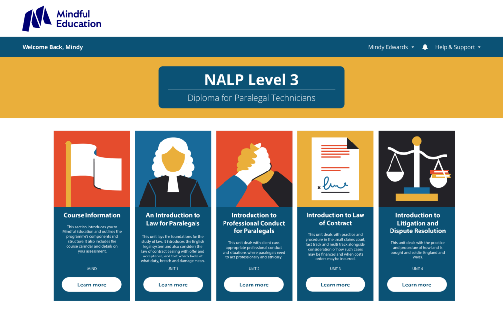 A screenshot of the Mindful Education Online and On Campus level 3 law Virtual Learning Environment.