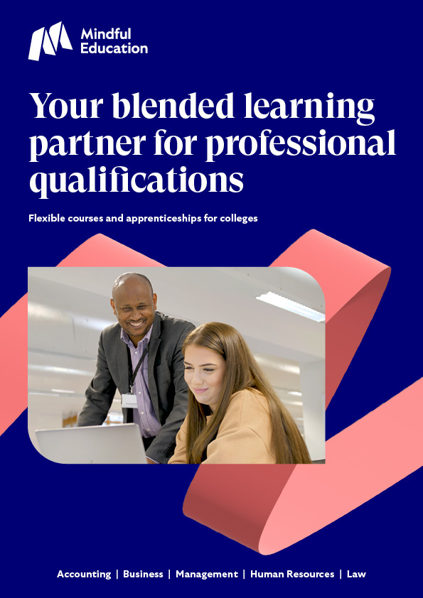 A cover image of the Mindful Education colleges brochure, showing an image of two colleagues interacting over a pink banner.